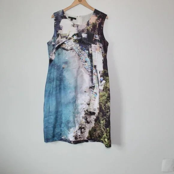 Lafayette 148 New York 100% Linen Beach Scene Shift Sheath Dress Size 14 H13021 - Picture 2 of 9